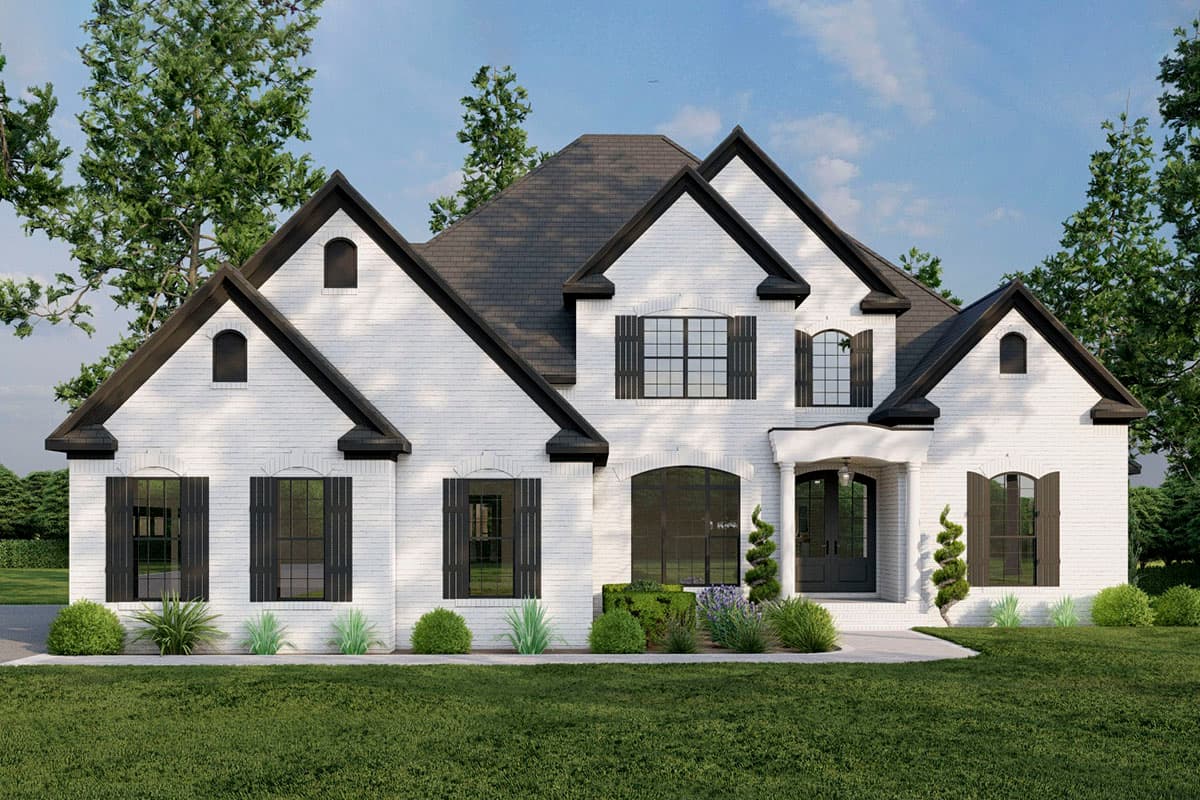 House plan exterior. Two-story with gables and arched windows. Features include a front porch with columns and black shutters.