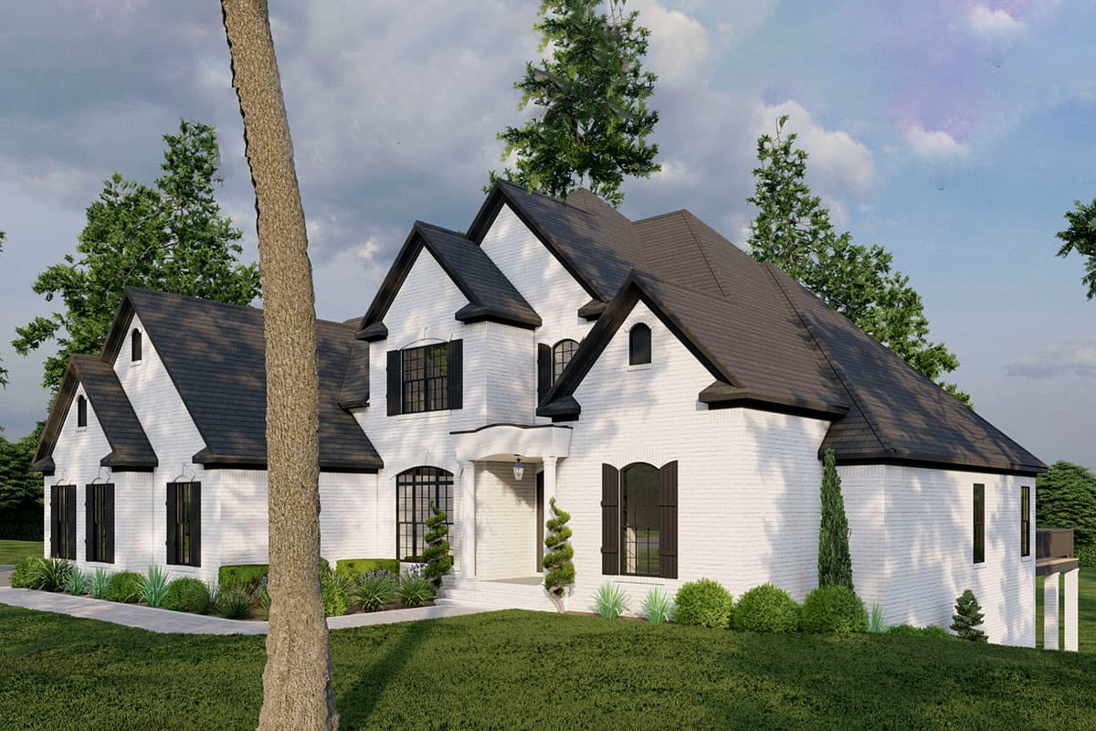 House plan exterior: Two-story white brick home with dark roof, multiple gables, arched windows, and a covered front entrance.