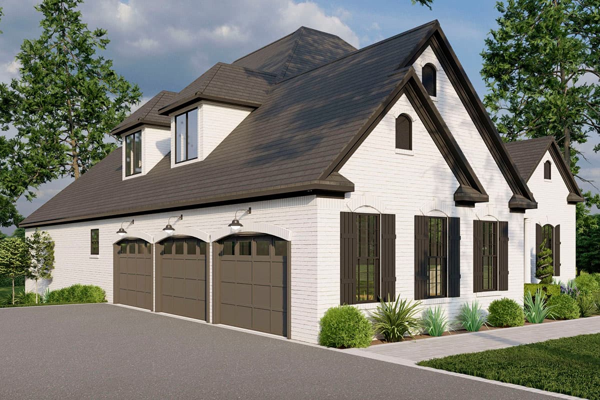 House plan exterior of a two-story home with white brick, dark trim, a three-car garage, and multiple gables.