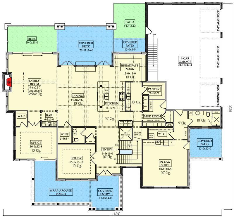 Plan 95187RW: Luxury Shingle House Plan with Spice Kitchen and In-law Suite - Floor Plan - Main Level - Country, Farmhouse, New American, Shingle, Traditional