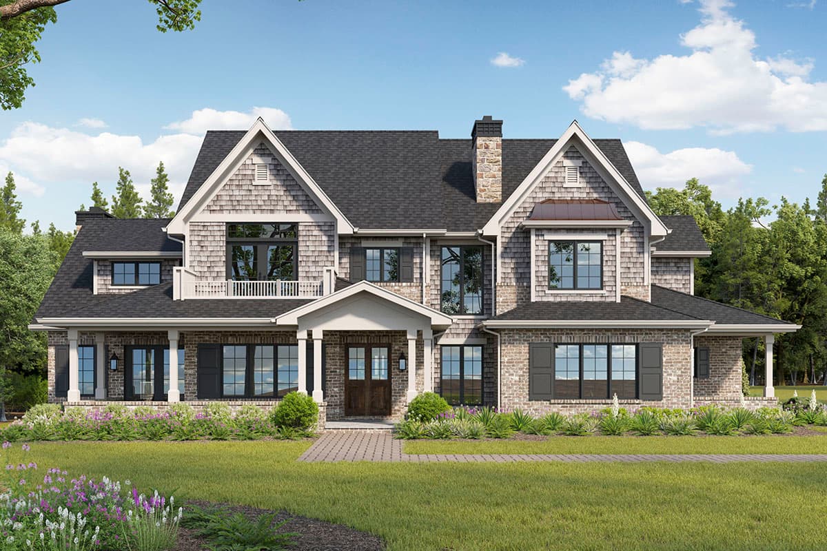 House plan exterior with Craftsman style, two stories, front porch, gables, and shake siding.