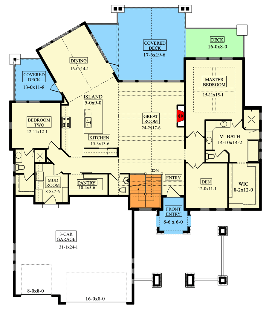Plan 95189RW: Contemporary Tuscan-Inspired House Plan Under 2400 Square Feet with Lower Level Expansion - Floor Plan - Main Level - European, Mediterranean, Southwest, Transitional, Tuscan