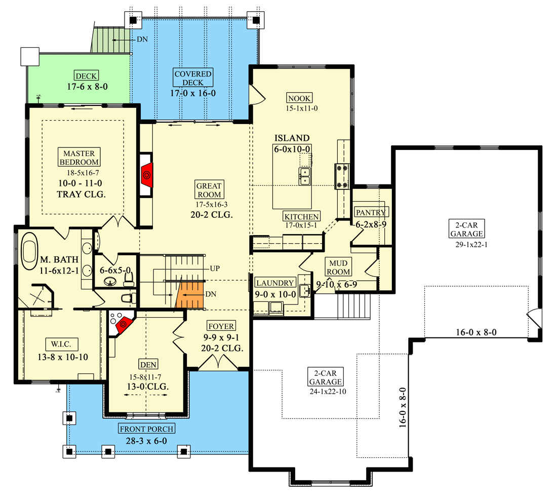 Plan 95190RW: Contemporary Country House Plan Under 3000 Square Feet with Barrel-Arched Entry - Floor Plan - Main Level - Craftsman, Mountain, New American, Transitional