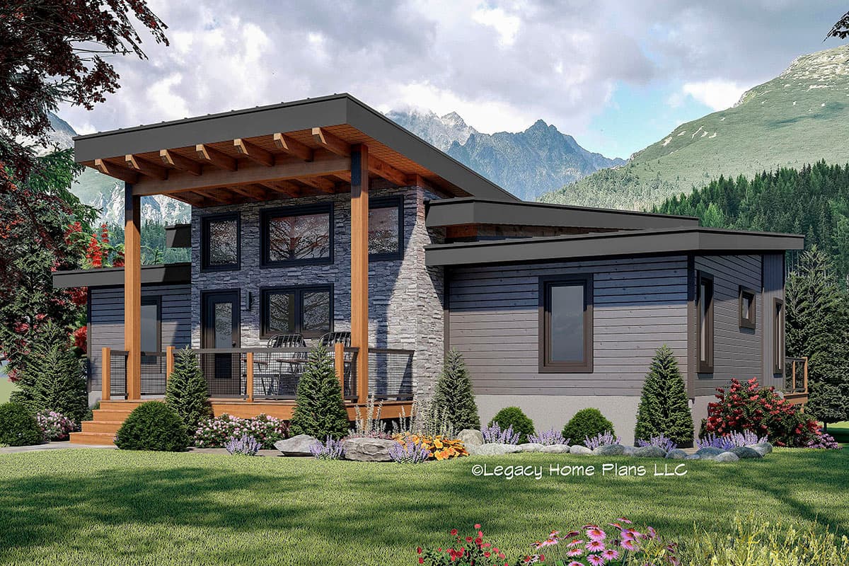 Modern two-story house plan exterior with stone and horizontal siding, covered deck, and flat rooflines.