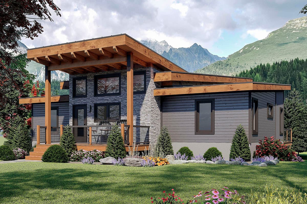 House plan exterior. Modern style, two-story home with a covered porch and exposed beam roof. Features include stone accents and a low-slope roofline.