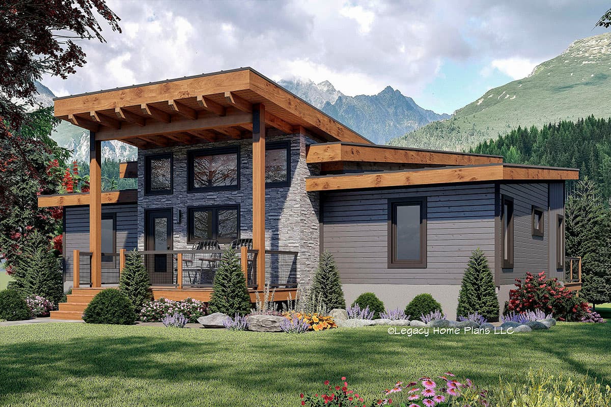 Modern house plan exterior with wood beams, stone accents, horizontal siding, large windows, and a covered deck.