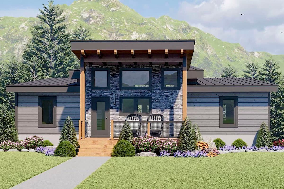 Plan 680052VR: Contemporary Mountain Home Plan Under 2100 Square Feet with Dramatic Covered Entry - Image #4 - Contemporary, Mid Century Modern, Mountain, Rustic