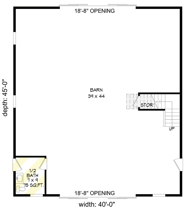 Plan 680053VR: 1800 Square Foot Barn with Vaulted Loft Above - Floor Plan - Main Level - Barndominium, Country, Rustic