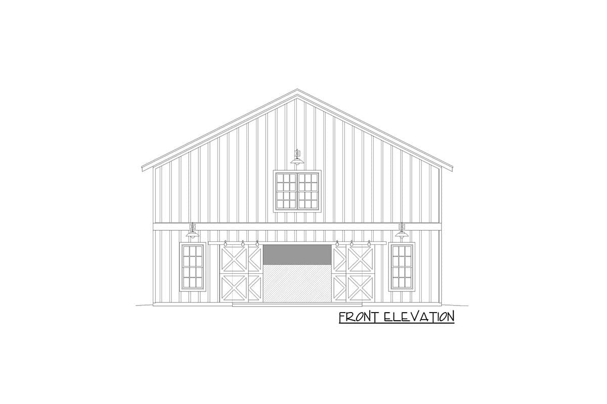 Front elevation drawing of a barn-style house with board-and-batten siding, gable roof, and two sets of sliding barn doors.