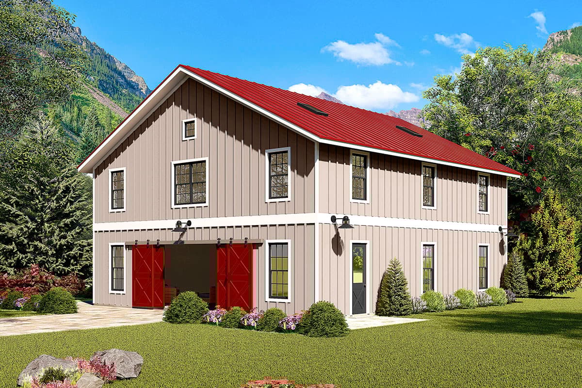 House plan exterior: Two-story Modern Farmhouse with red barn doors, vertical siding, and a red metal roof.