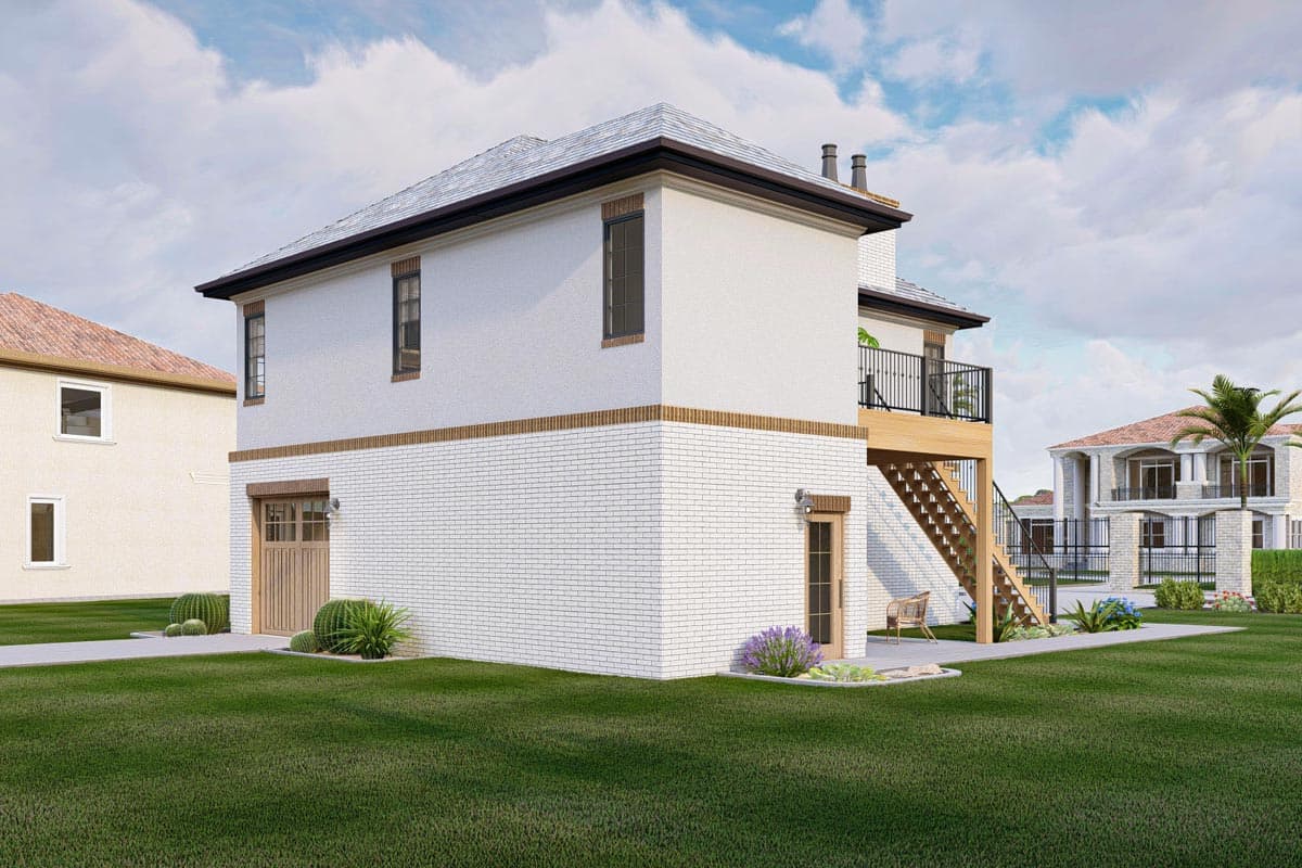 House plan exterior featuring white brick lower level, stucco upper level, side garage, and elevated deck with stairs.
