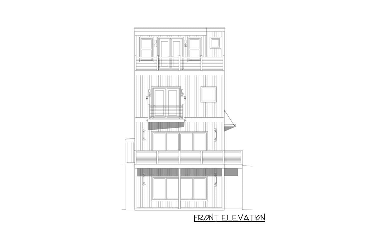 Front elevation drawing of a three-story house plan with balconies, multiple windows, and vertical siding.