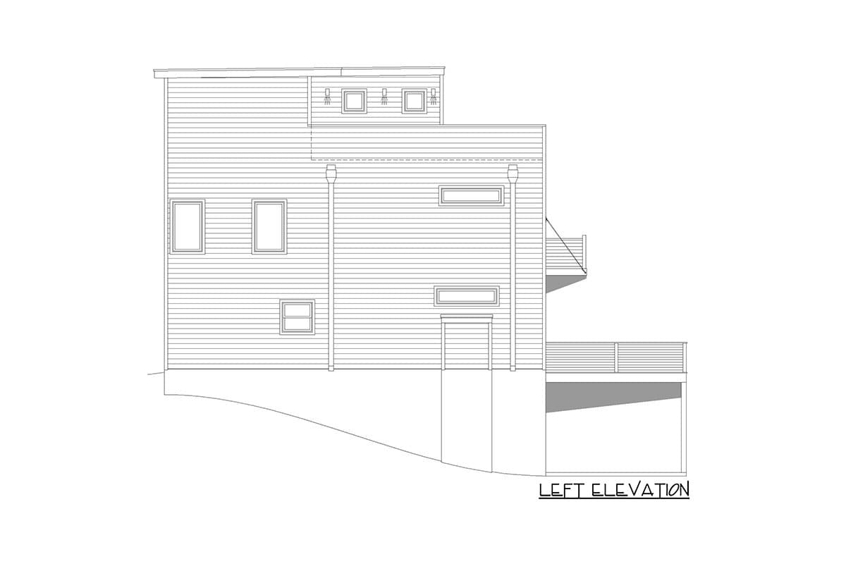 Left elevation drawing of a multi-story house plan with horizontal siding, multiple windows, and two outdoor decks.