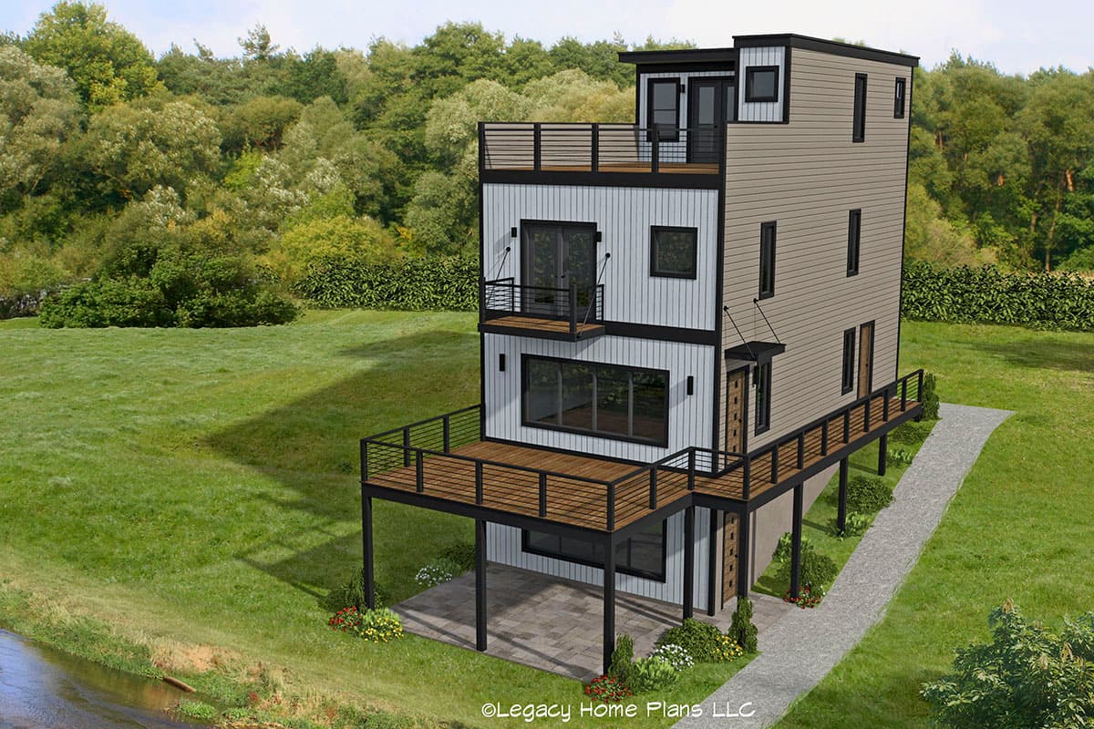 House plan exterior rendering. Modern style, three stories, featuring multiple decks with black railings, and a flat roof.