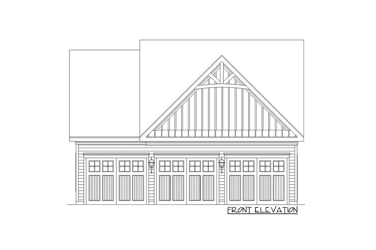 Front elevation drawing of a house with a prominent gable and five garage doors.