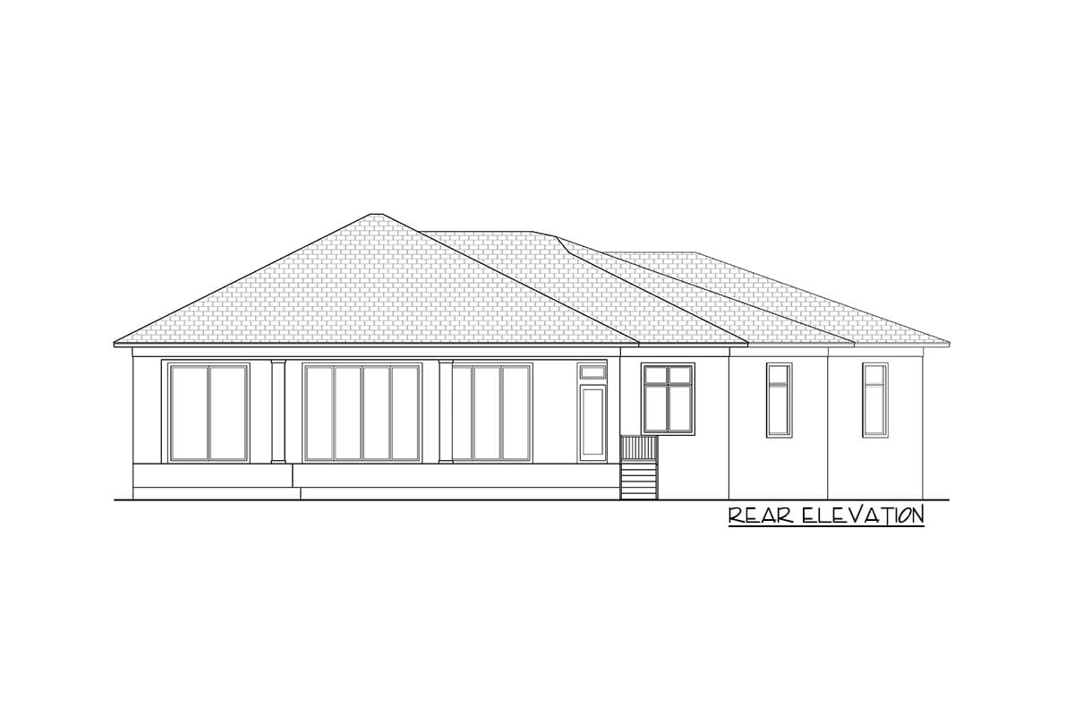 Rear elevation drawing of a single-story house plan with multiple windows and a pitched roof.