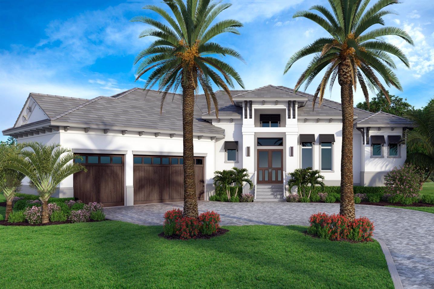 House plan exterior. Two-story home with a hip roof. Features include a front-entry porch, a covered balcony, and a two-car garage.