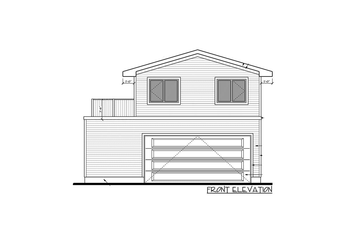 Front elevation drawing of a two-story house plan featuring a large garage door, two upper-level windows, and a small balcony.