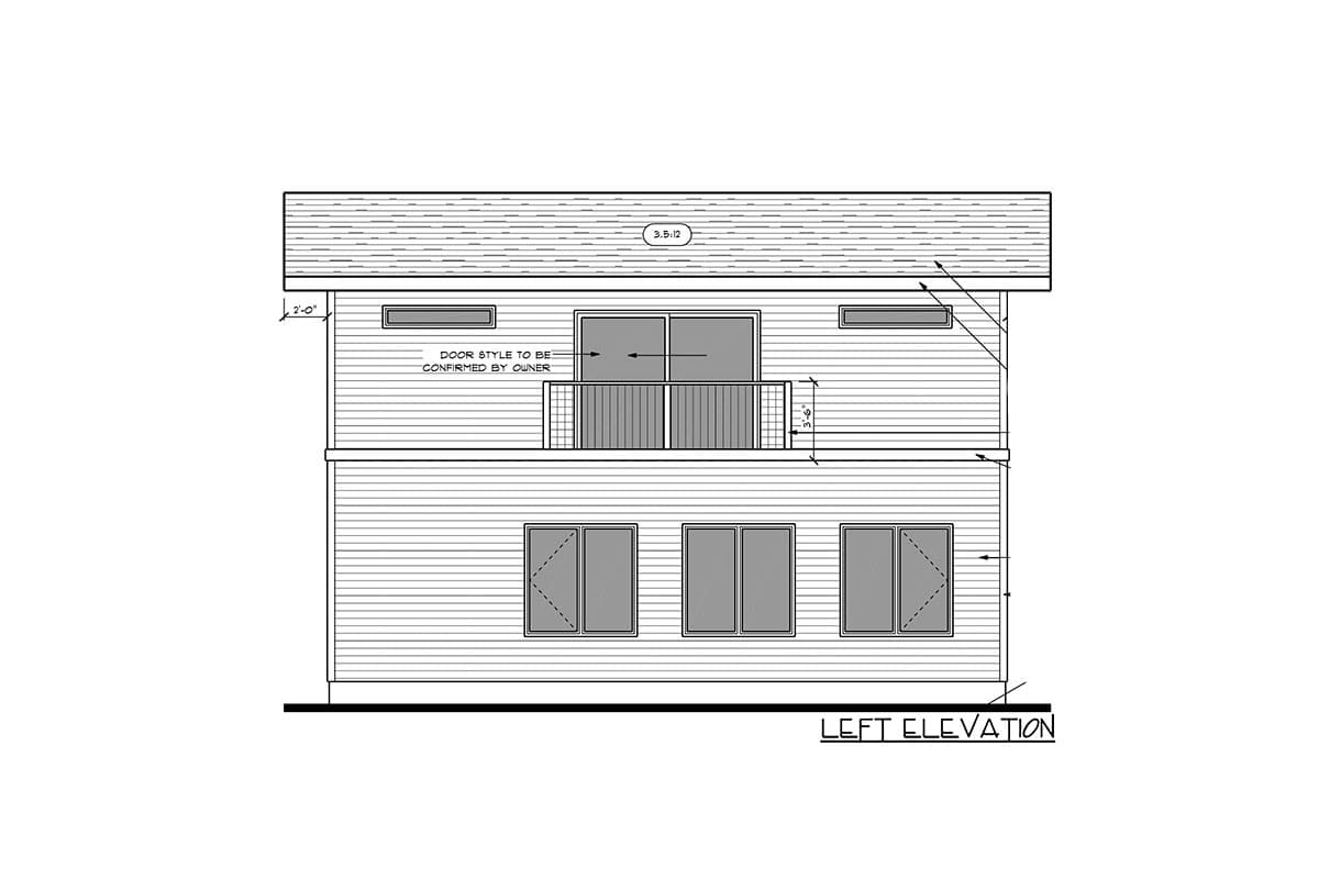 Left elevation of a two-story house plan, featuring a balcony and multiple windows.
