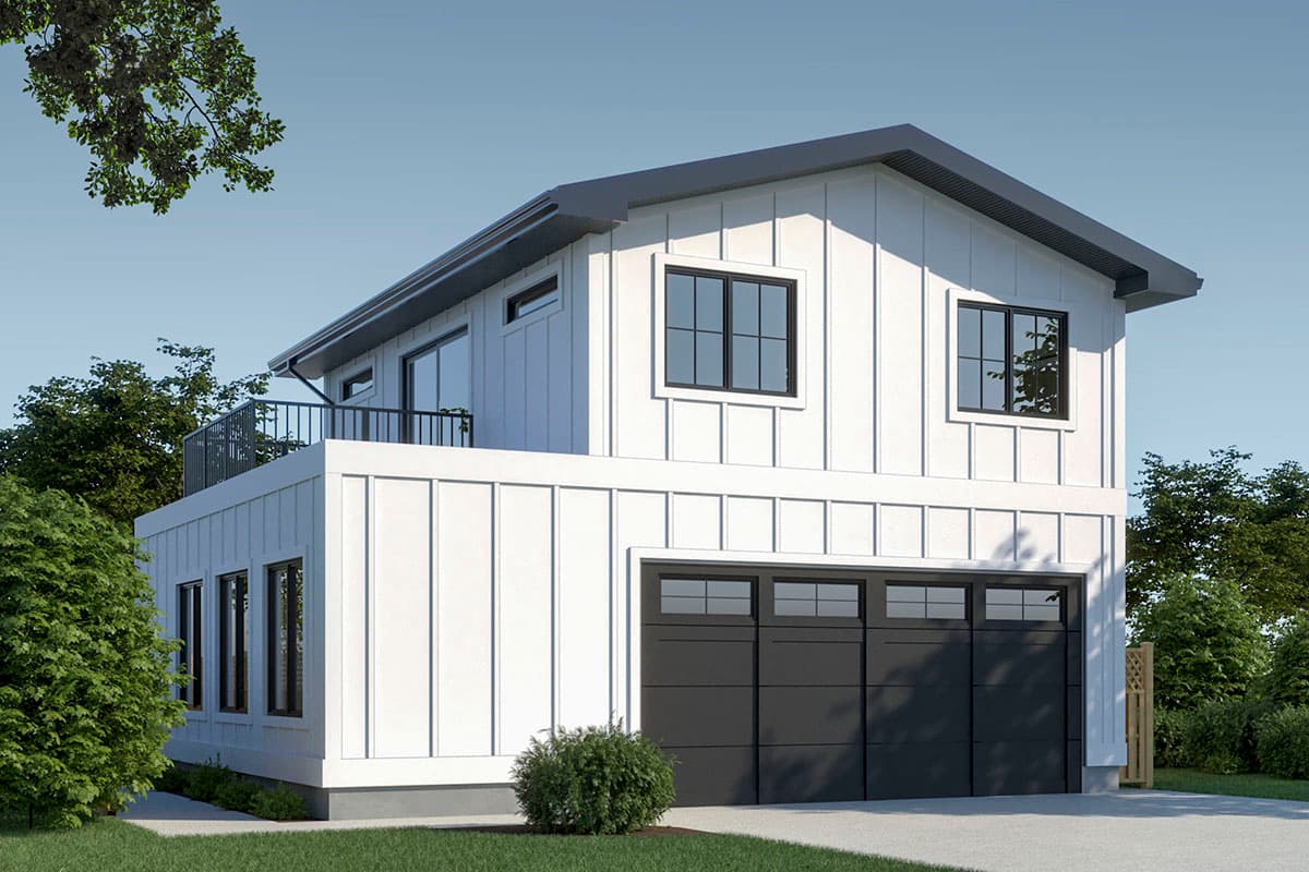 House plan exterior. Two-story Modern Farmhouse with a two-car garage. Features include board and batten siding, dark-framed windows, and a balcony.