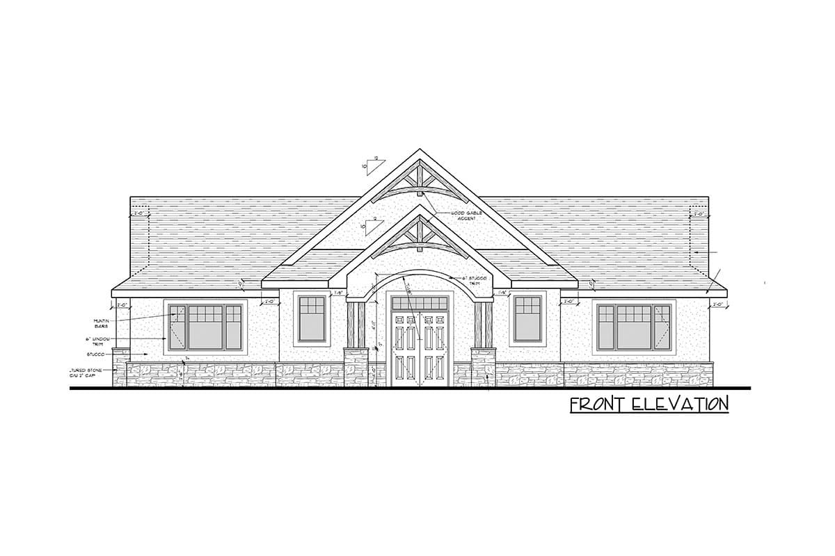 Front elevation of a single-story house plan featuring a prominent gable with wood accent, stone base, and double entry doors.