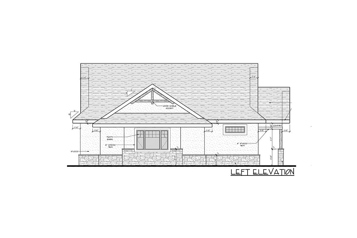 Left elevation house plan showing a gable roof, stucco siding with stone base, and wood gable accent.