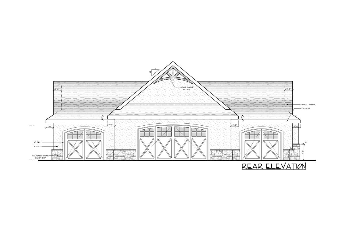 Rear elevation house plan drawing shows a stucco building with three arched garage doors, stone accents, and a prominent gable with wood detail.