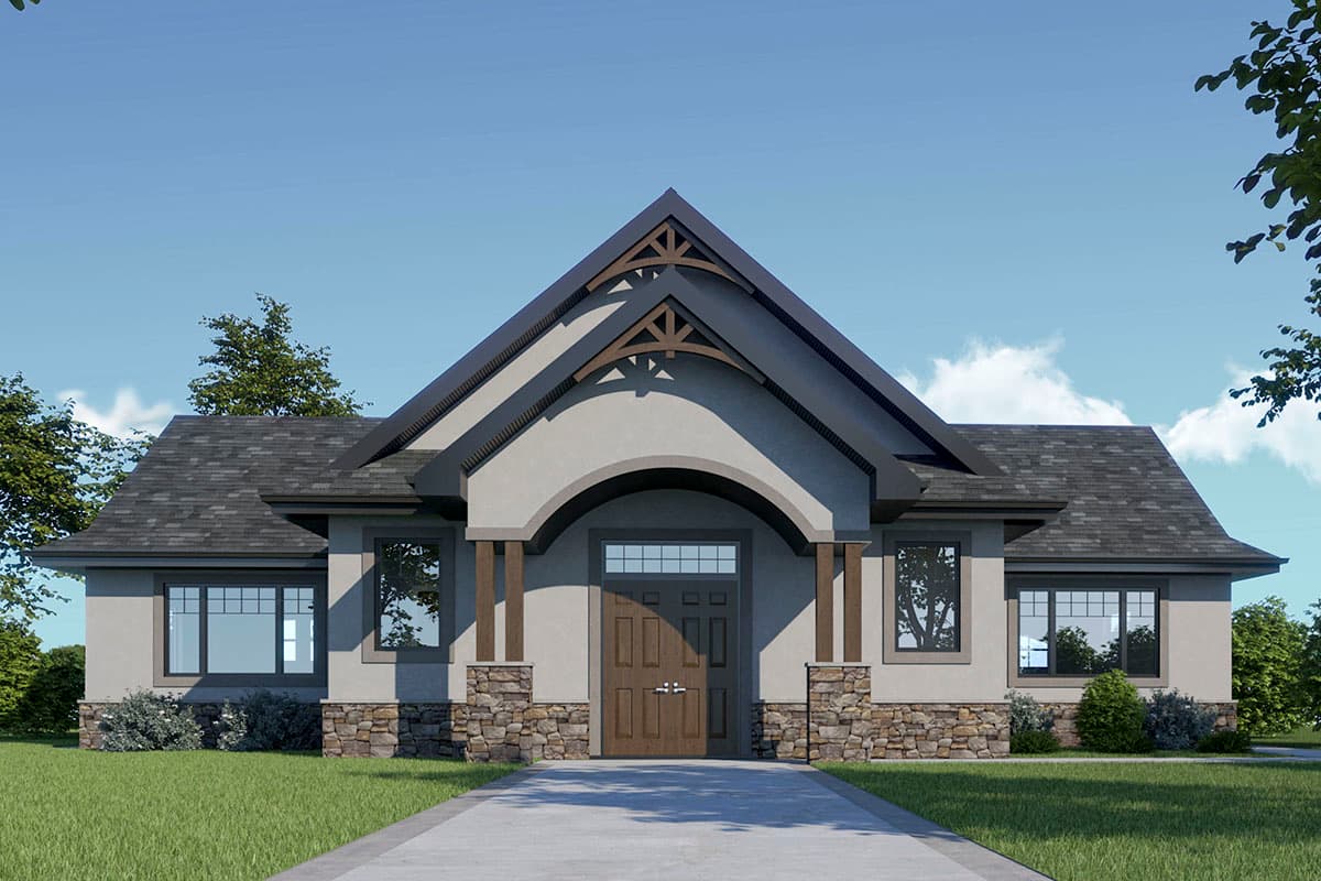 House plan exterior with stone accents, arched entry, gabled roof, and exposed rafter tails.