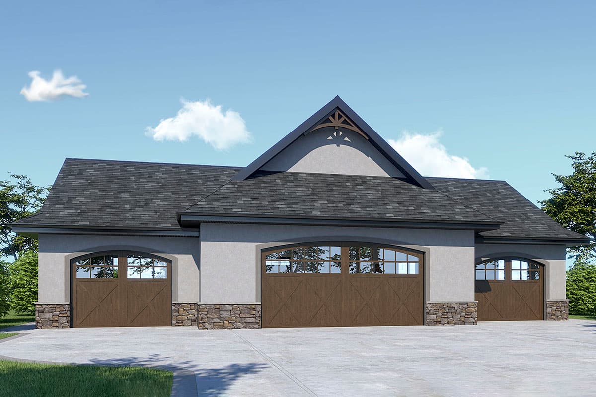 House plan exterior. Two-story with stone accents. Features include a gabled roof, arched garage doors, and a decorative truss.