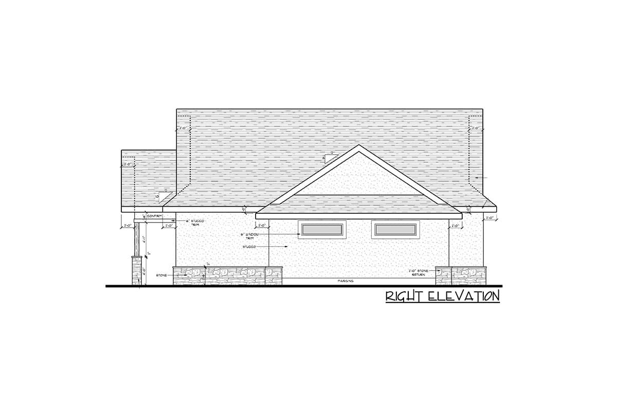 Right elevation drawing of house plan featuring stucco walls, stone skirting, gable roof, and two windows.