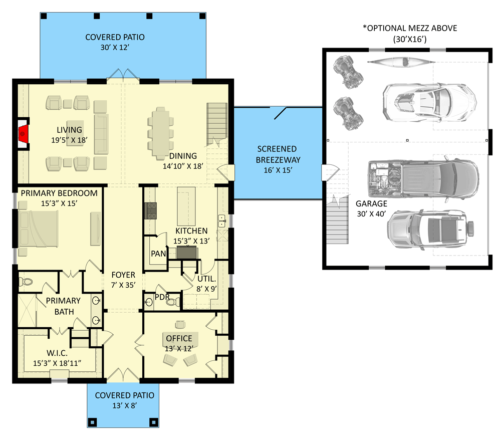 Plan 25430TF: Transitional Farmhouse Plan with Vaulted Living / Dining Area and Loft - 3551 Sq Ft - Floor Plan - Main Level - Barndominium, Contemporary, Country, Modern Farmhouse, New American, Rustic, Transitional