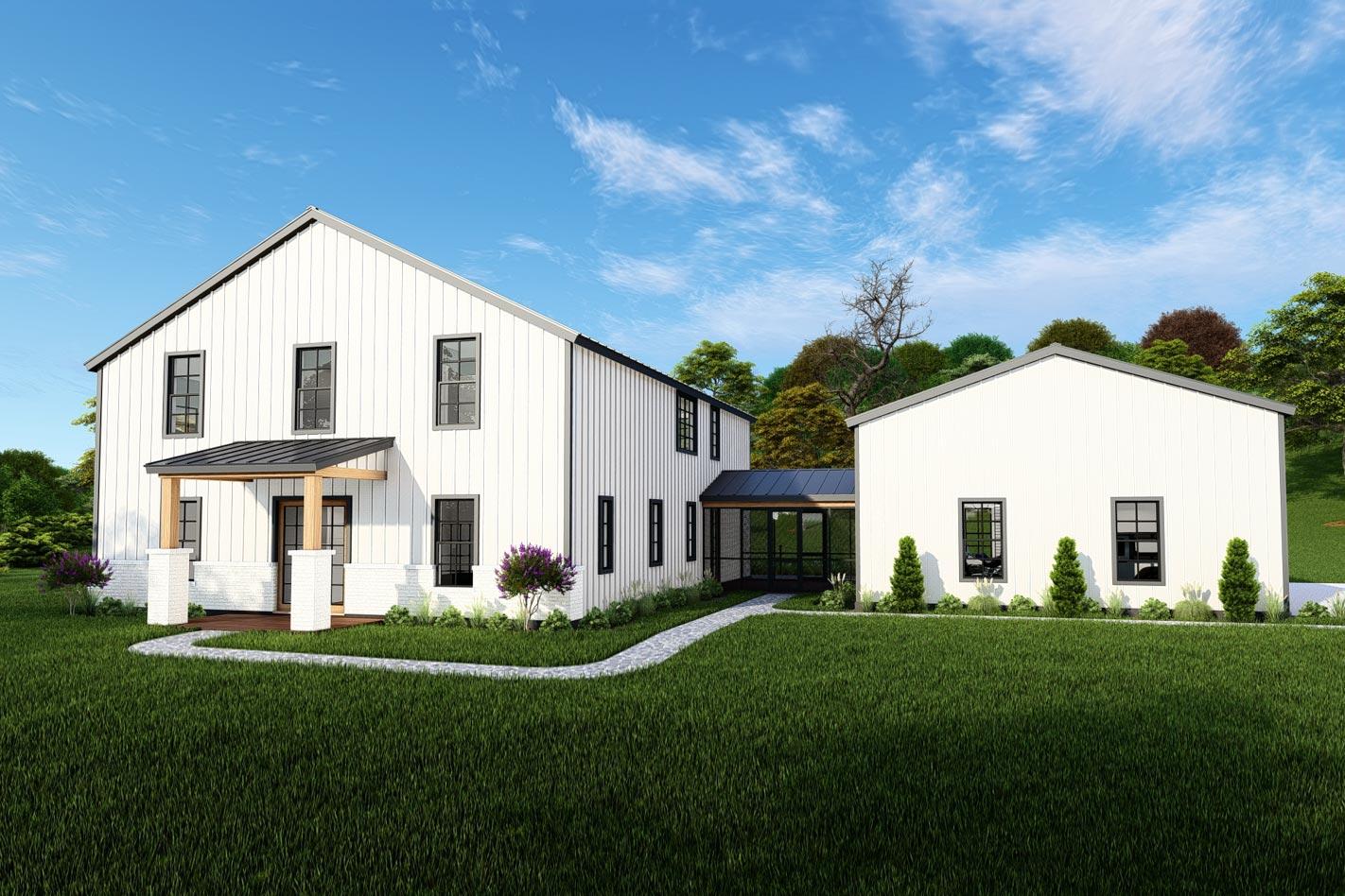 House plan exterior. Two-story Modern Farmhouse with gabled roof, covered porch, and connected structure with glass walls.