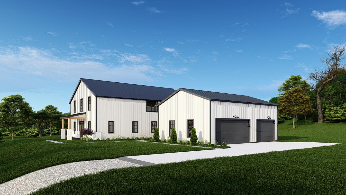 Modern Farmhouse house plan exterior with white vertical siding, dark gable roof, covered porch, and attached two-car garage.