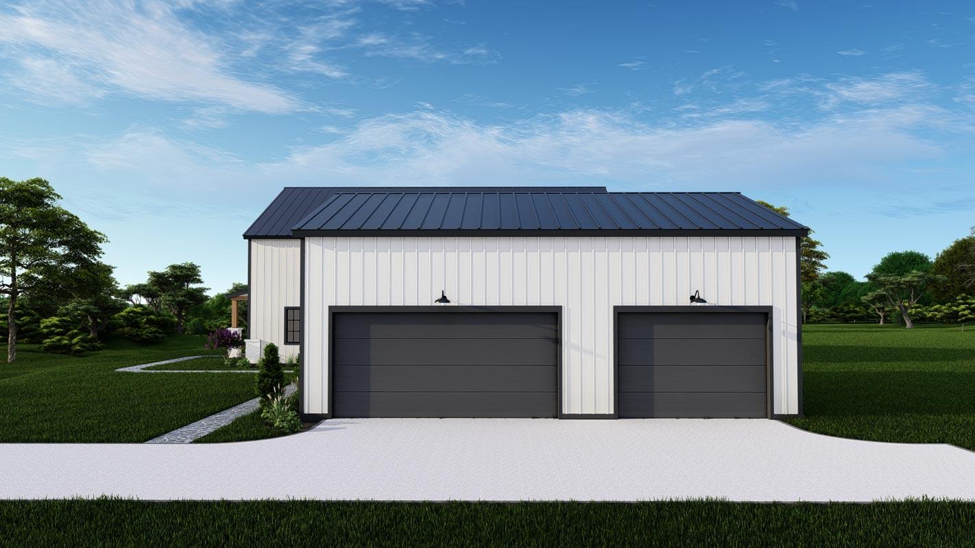 Modern house plan exterior with white vertical siding, a dark metal roof, and a two-car garage.