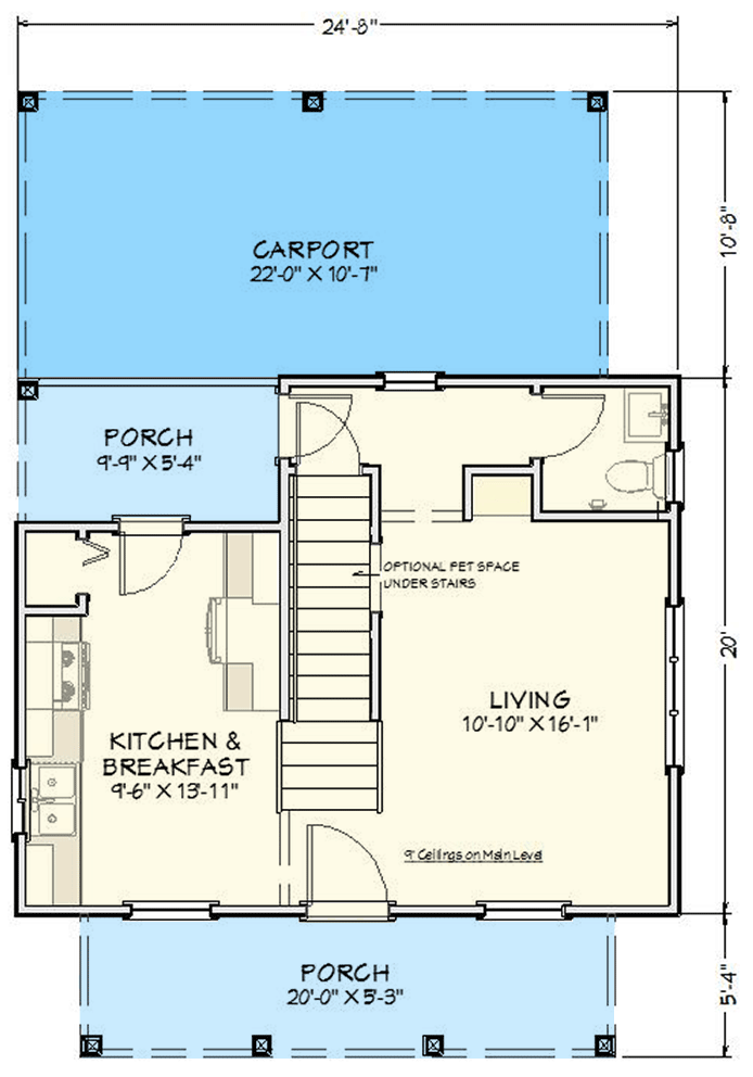 Plan 430833SNG: 900 Square Foot Country-Inspired House Plan with Carport Option - Floor Plan - Main Level - Carport Option (+$100) - Cottage, Country, Traditional, Vacation