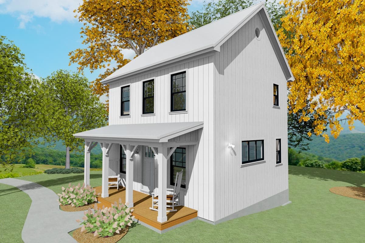 House plan exterior. Two-story farmhouse with a front porch, gabled roof, and vertical siding. Features include multiple windows and a metal roof.