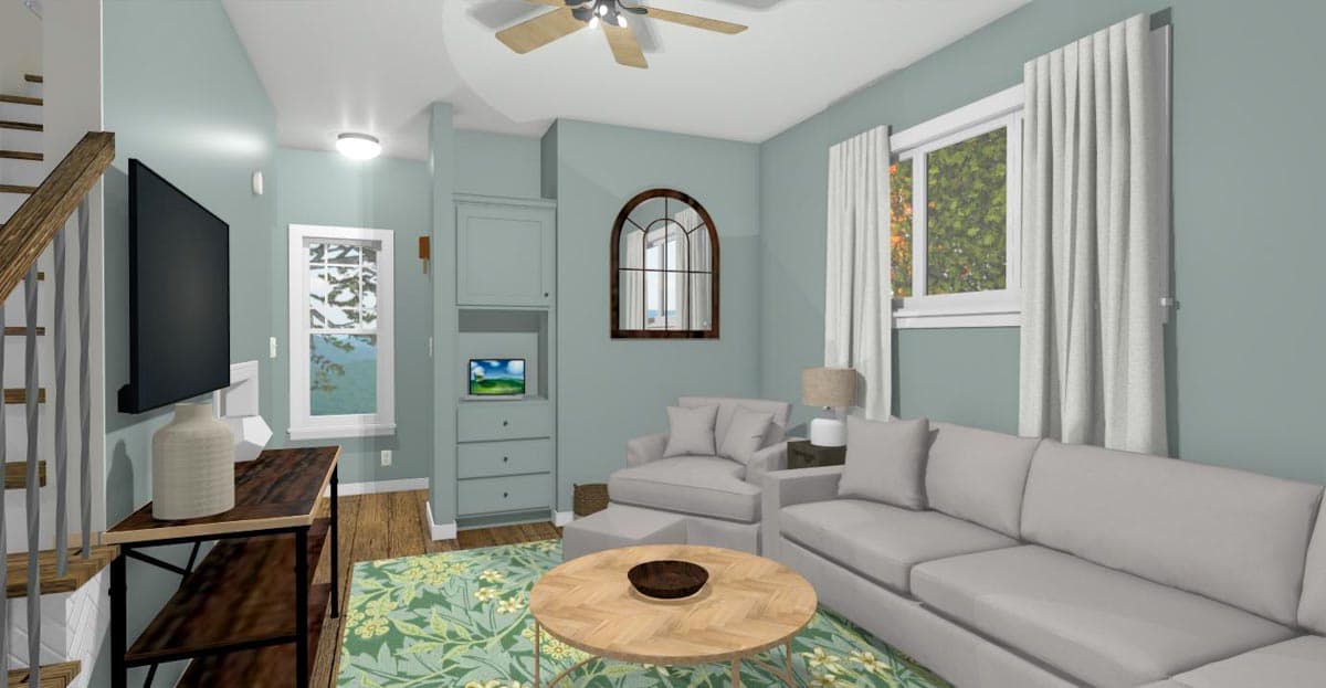 Living room rendering with light blue walls, gray sofa, arch window, built-in shelving with cabinets and drawers, and ceiling fan.