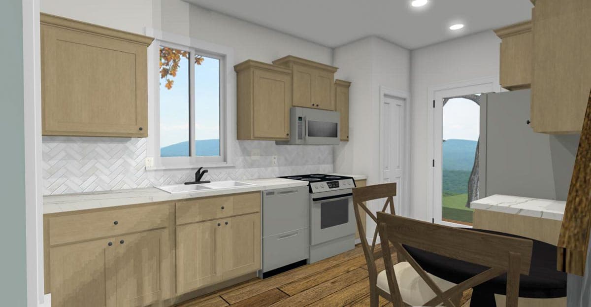 Kitchen interior rendering with light wood cabinets, herringbone tile backsplash, stainless steel appliances, and a sink below a window.