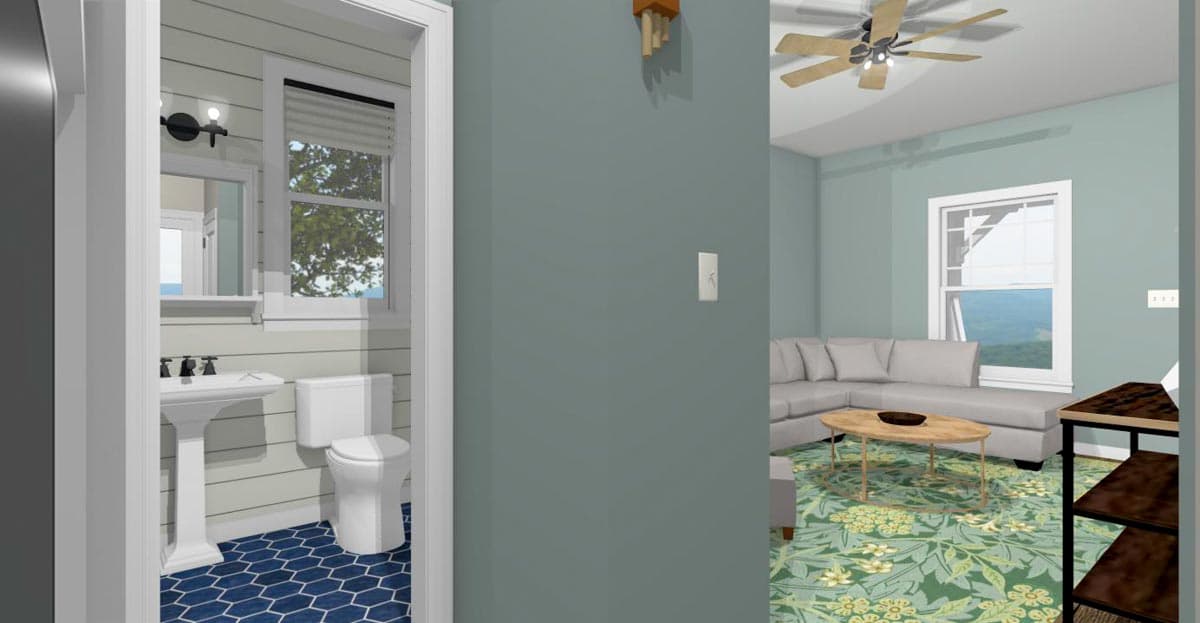 Interior rendering shows a bathroom with pedestal sink and a living area with sectional sofa, coffee table, and ceiling fan.
