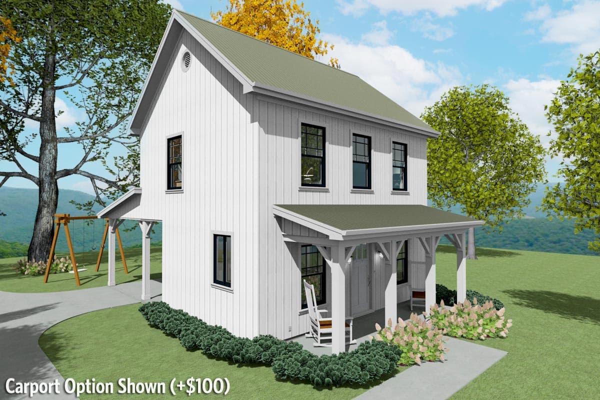 Modern farmhouse house plan exterior, two stories, with a front porch, gabled dormer, and side carport.