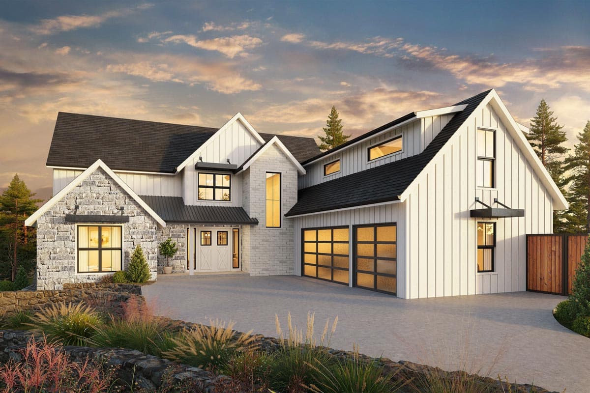 House plan exterior featuring a two-story Modern Farmhouse design. Key features include multiple gables, a two-car garage, and stone accent facade.