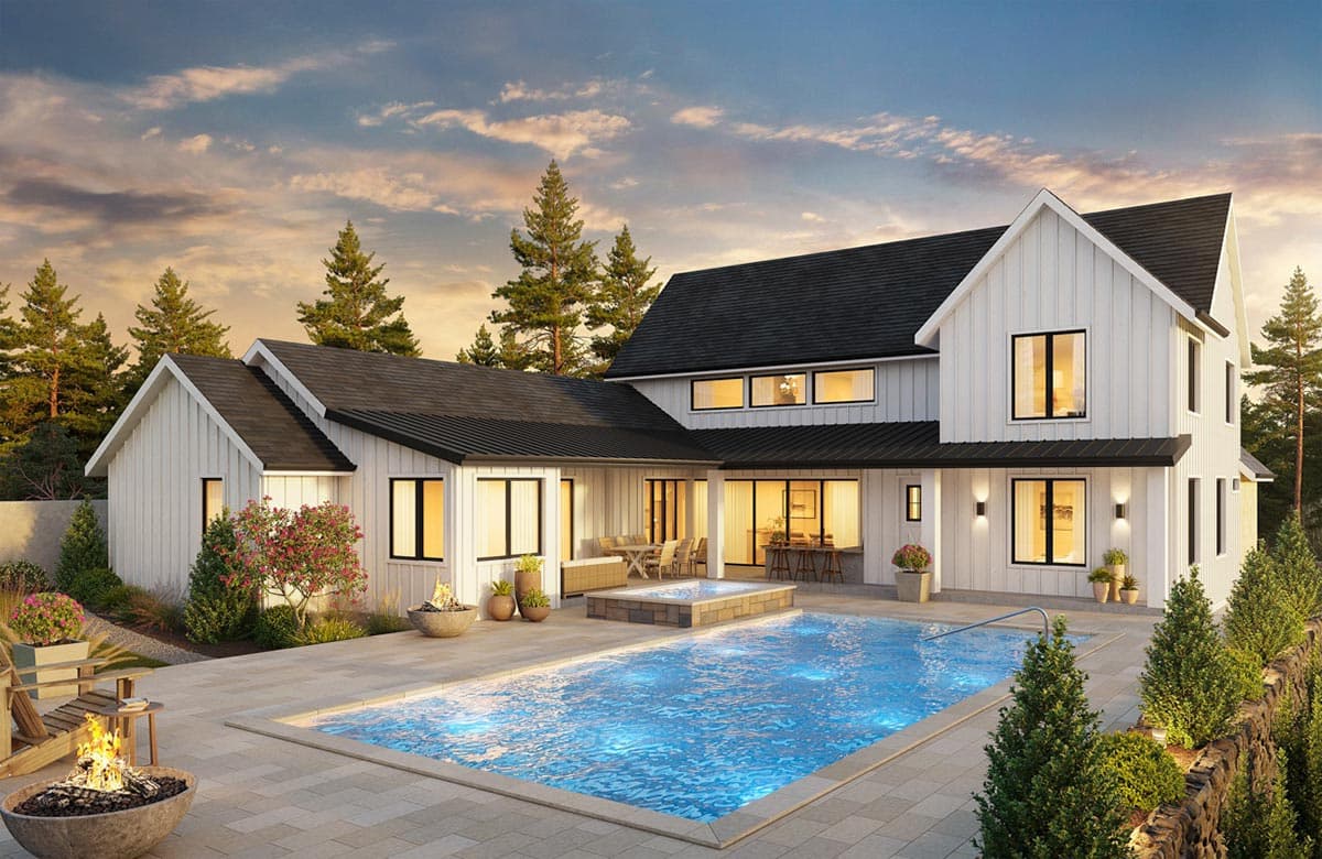 Modern Farmhouse house plan exterior with two stories, gables, prominent dormers, and a central pool area.