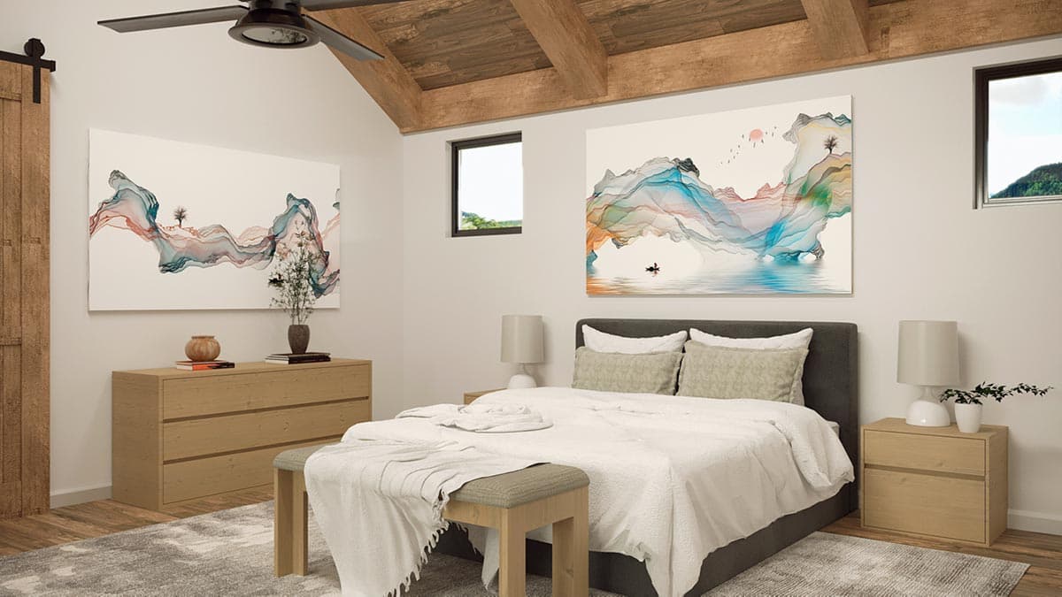 Bedroom with vaulted ceiling, exposed beams, king bed, dresser, two nightstands, and abstract wall art.
