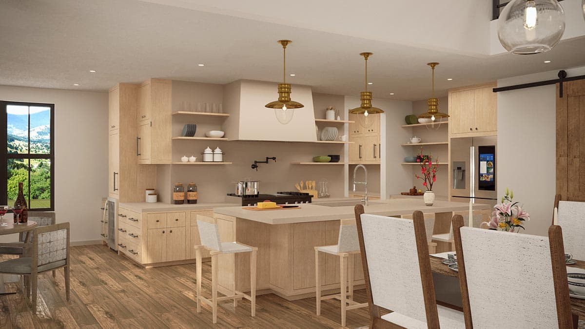 Open concept kitchen with large island, light wood cabinetry, range hood, and dining area with large window view.