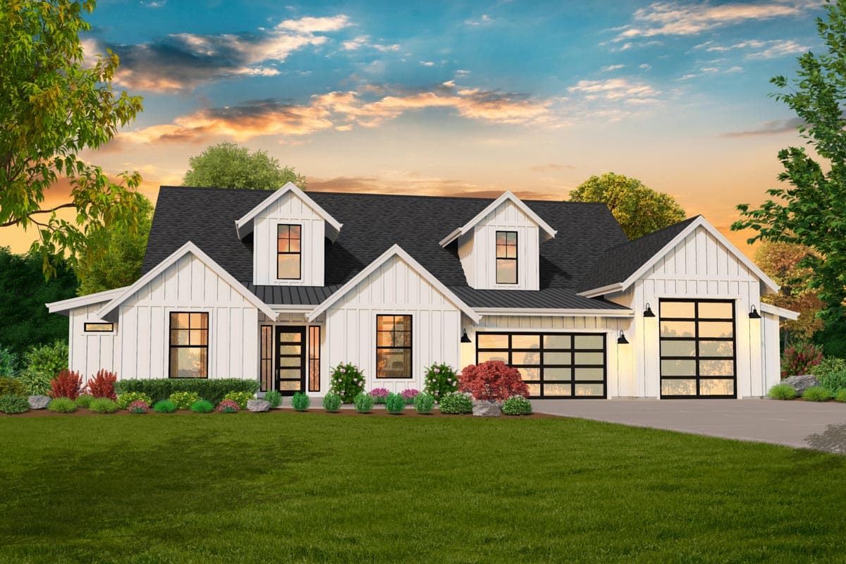 House plan exterior. Modern Farmhouse style with two stories, gabled roof, dormers, and glass garage doors. Features include board and batten siding.