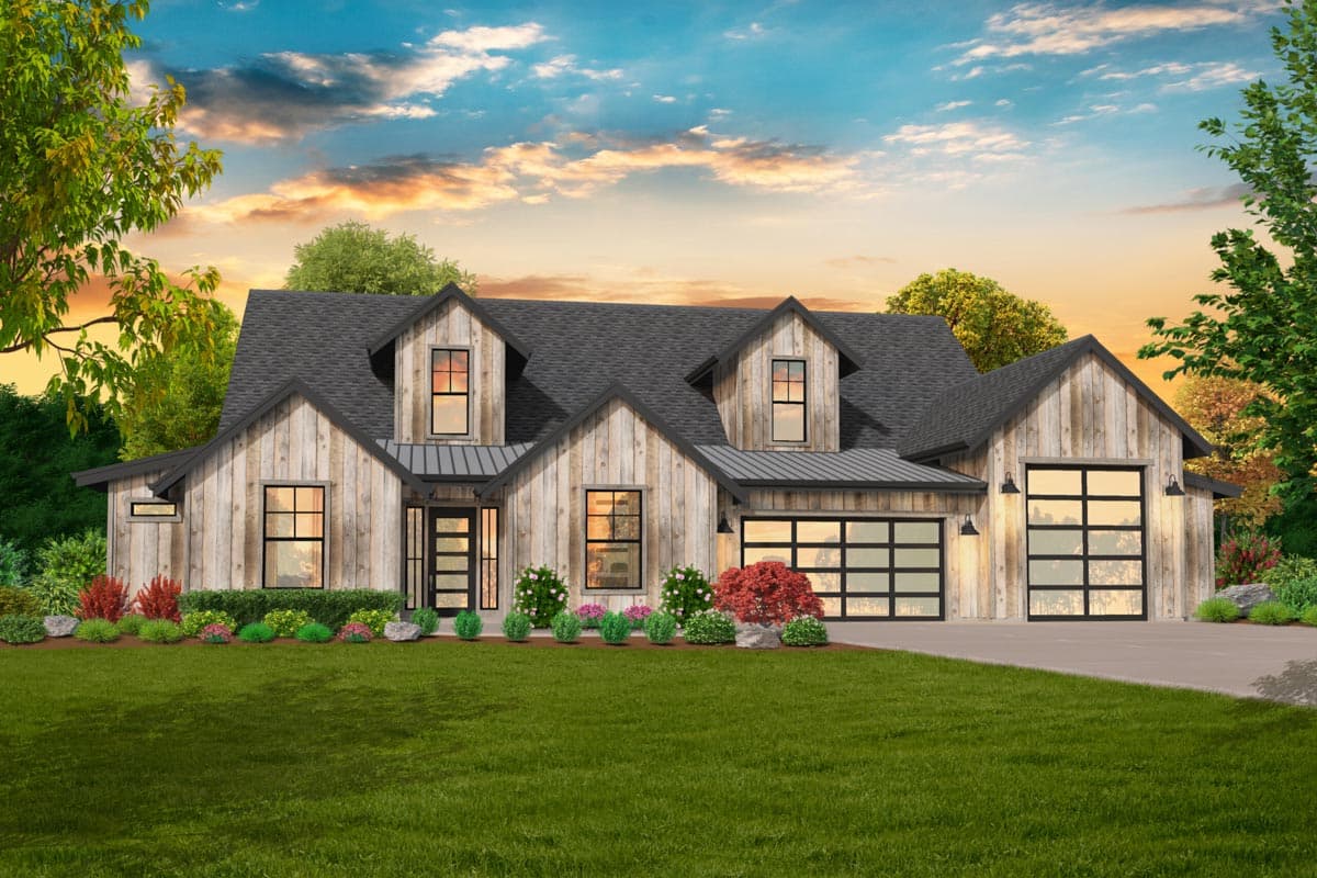 Modern Farmhouse house plan exterior with wood siding, gables, dormers, metal roof accents, and glass garage doors.