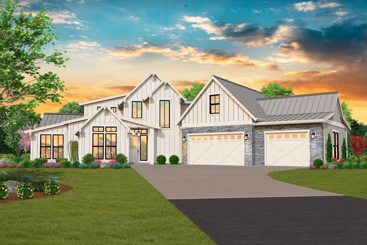 House plan exterior. Modern Farmhouse style with board-and-batten siding. Features include gabled roof, large windows, and a two-car garage.