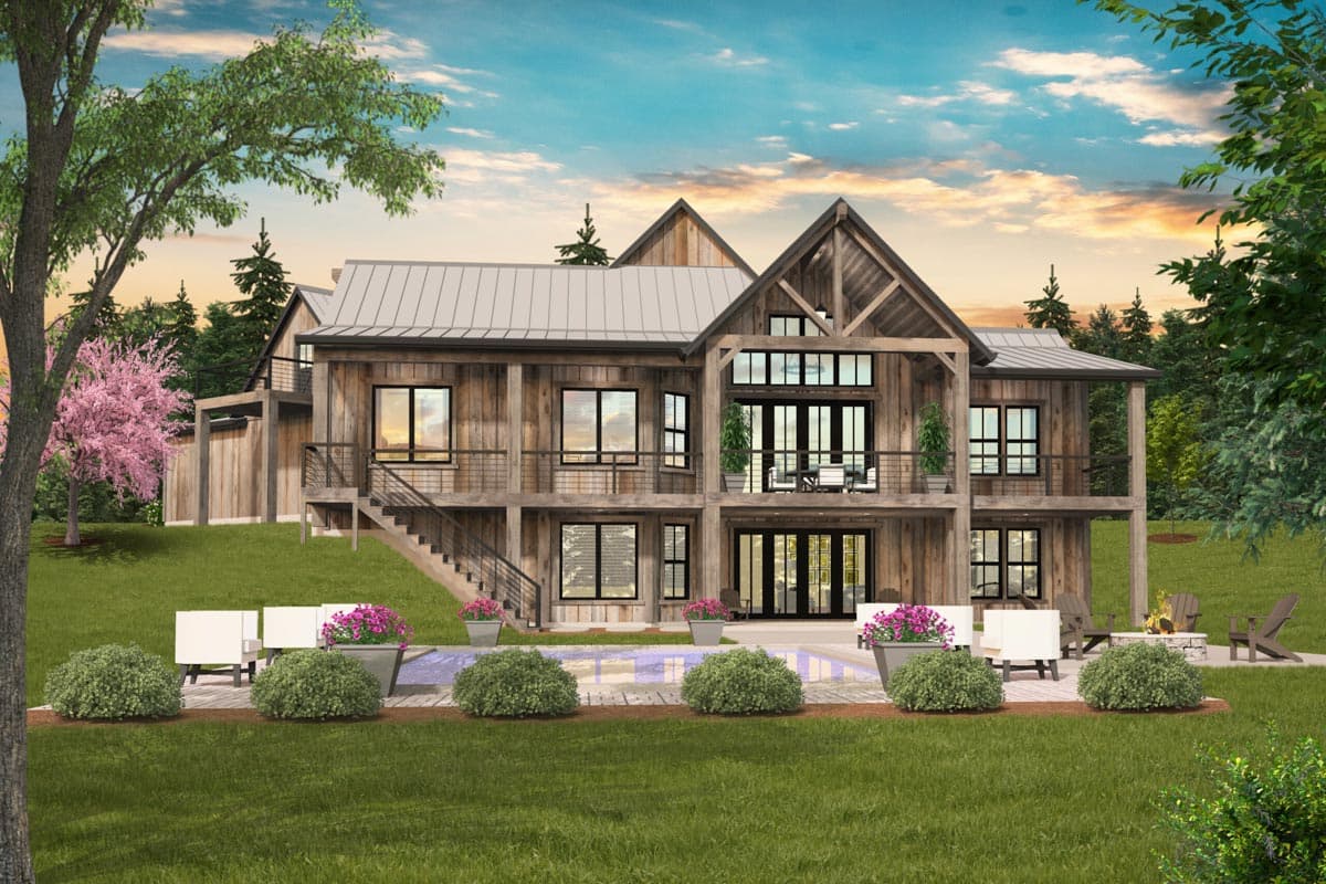 Modern farmhouse house plan exterior with wood siding, metal roof, multiple balconies, and large windows.