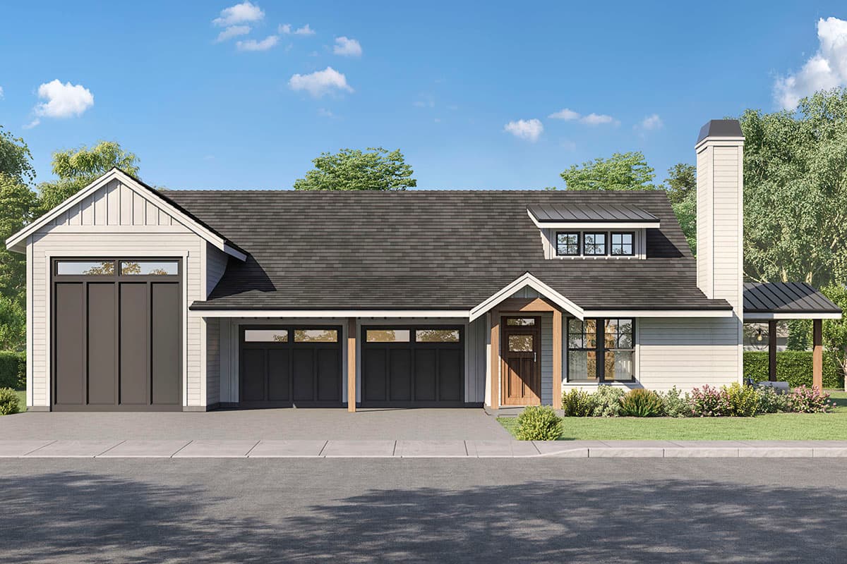 Modern Farmhouse style house plan exterior with a triple garage, prominent gable, dormer, and large chimney.