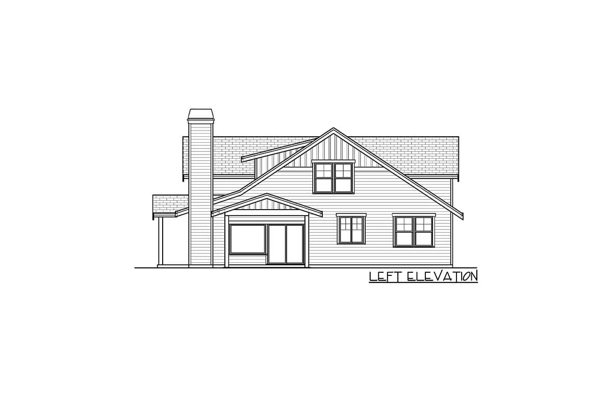 Left elevation house plan drawing with a prominent chimney, varied rooflines, and multiple windows.